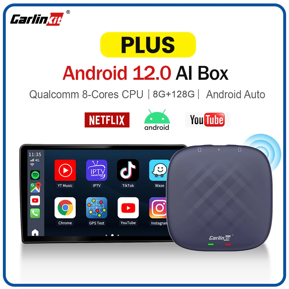 Carlinkit CarPlay Ai TV Box Plus Android12 8+128GB QCM 8-Core 665 6125  Wireless CarPlay Android Auto YouTube Netflix IPTV 4G LTE