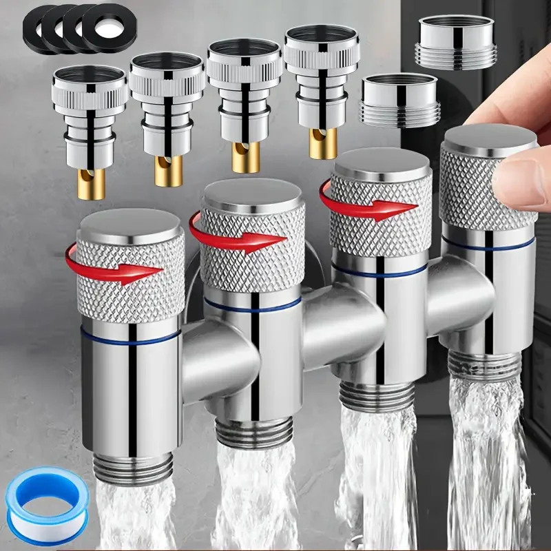 1pc 5-Way Angle Valve, One-Inlet Four-Outlet Faucet with Independent Control Valve, Four-Way Water Distribution Valve,