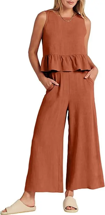 Women Summer Casual Linen 2 Piece Pants Set Solid Elegant Two Piece Suit Sleeveless Wide Leg Outfit 2023 New In Matcing Set -S20e5bb16ba0643019917871ba573ede1o