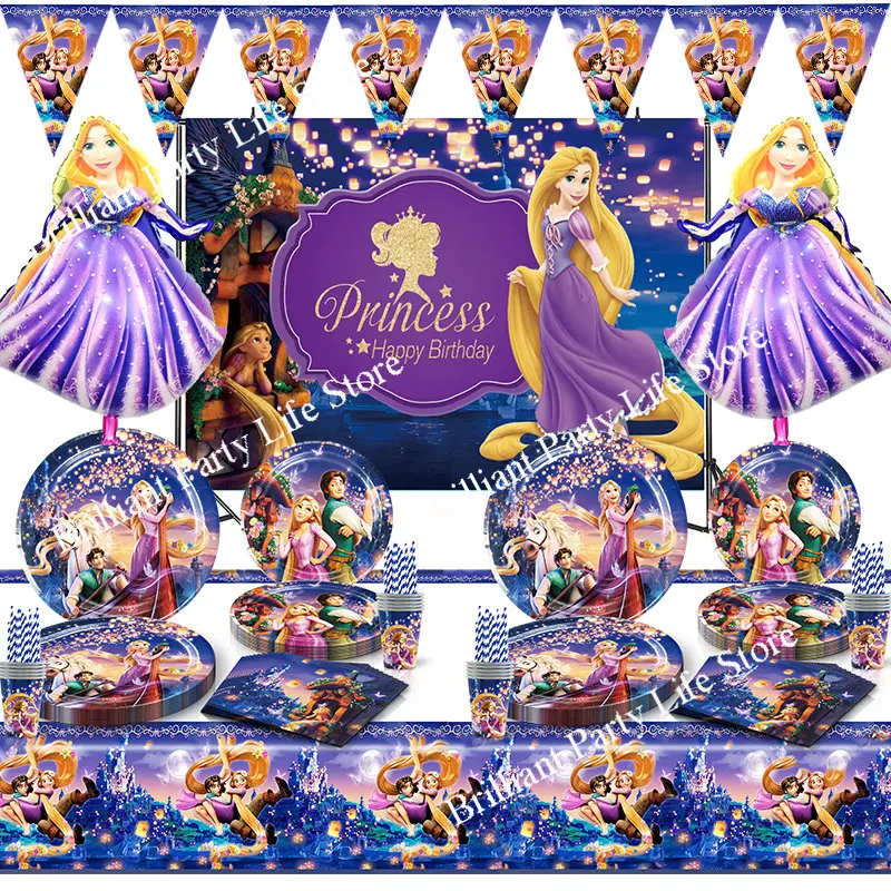 

Anime Tangled Rapunzel Theme Party Supplies Tableware Paper Cup Plate Napkin Flag Baby Shower Balloons Birthday Party Decoration