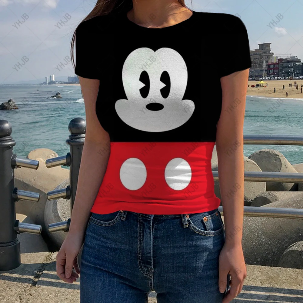 

Disney Minnie Mickey Mouse Print Short T-shirt American Street Slim Design Round Neck Short-sleeved Summer Top Women's Clothing