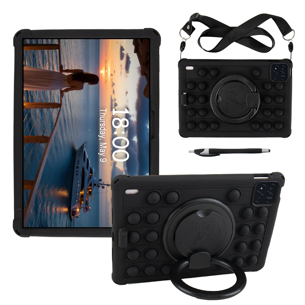 Soft Silicone Kids Tablet Case with 360° Rotating Stand, Handle Grip, Shoulder Strap, and Shockproof Protection