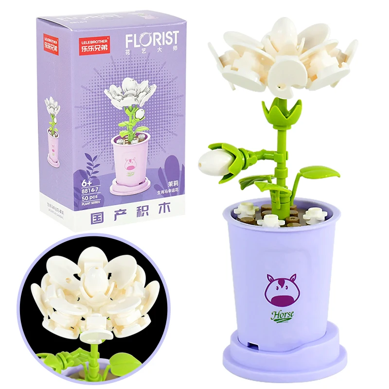Bloques de construcción de flores para decoración del hogar, árbol lindo, planta en maceta, bonsái, Rosa eterna, jazmín, ramo de ladrillos, regalos de cumpleaños para niños, Juguetes