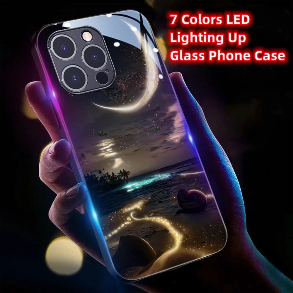 

2024 Pretty Galaxy Beach Smart LED Light Glow Tempered Glass Phone Case For Honor V40 60 70 80 90 Pro Huawei Nova 7 8 9 10 11