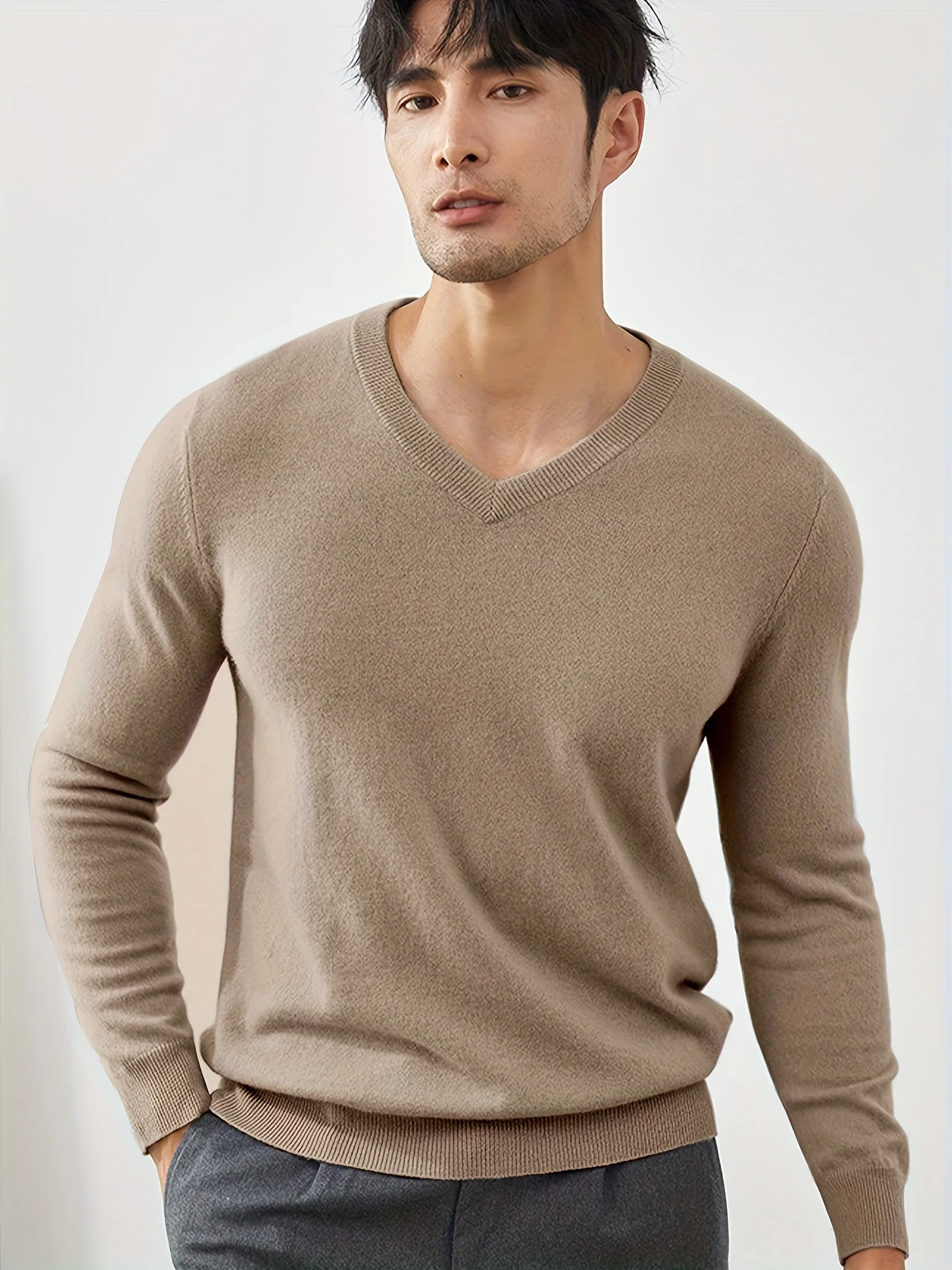 

Men's Stylish Solid Knitted Pullover, Casual Breathable Long Sleeve V Neck Top For City Walk Street Hanging Outdoor Activities