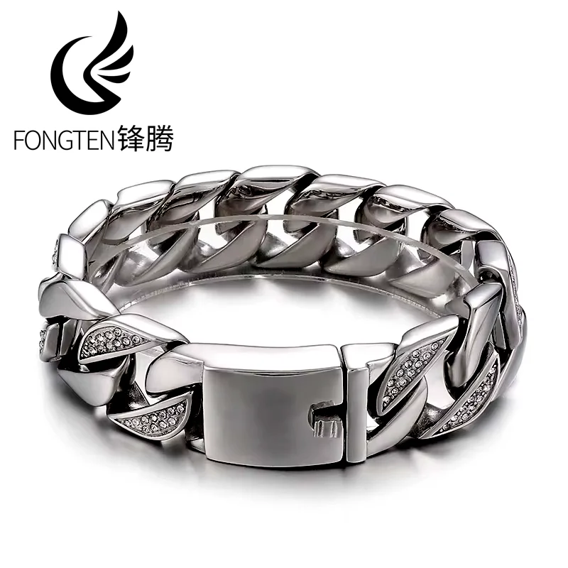 Fongten 22 cm Kubanischen Kette Armbänder Für Männer Zirkon Edelstahl Kette Handgelenk Armbänder Gothic Männlichen Armreif Silber Farbe schmuck