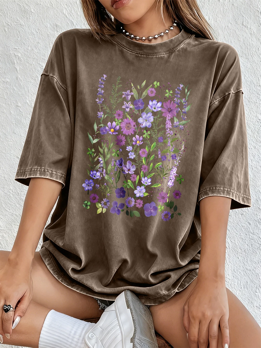 Vibrant Purple Watercolor Floral Oversized Cotton Tee