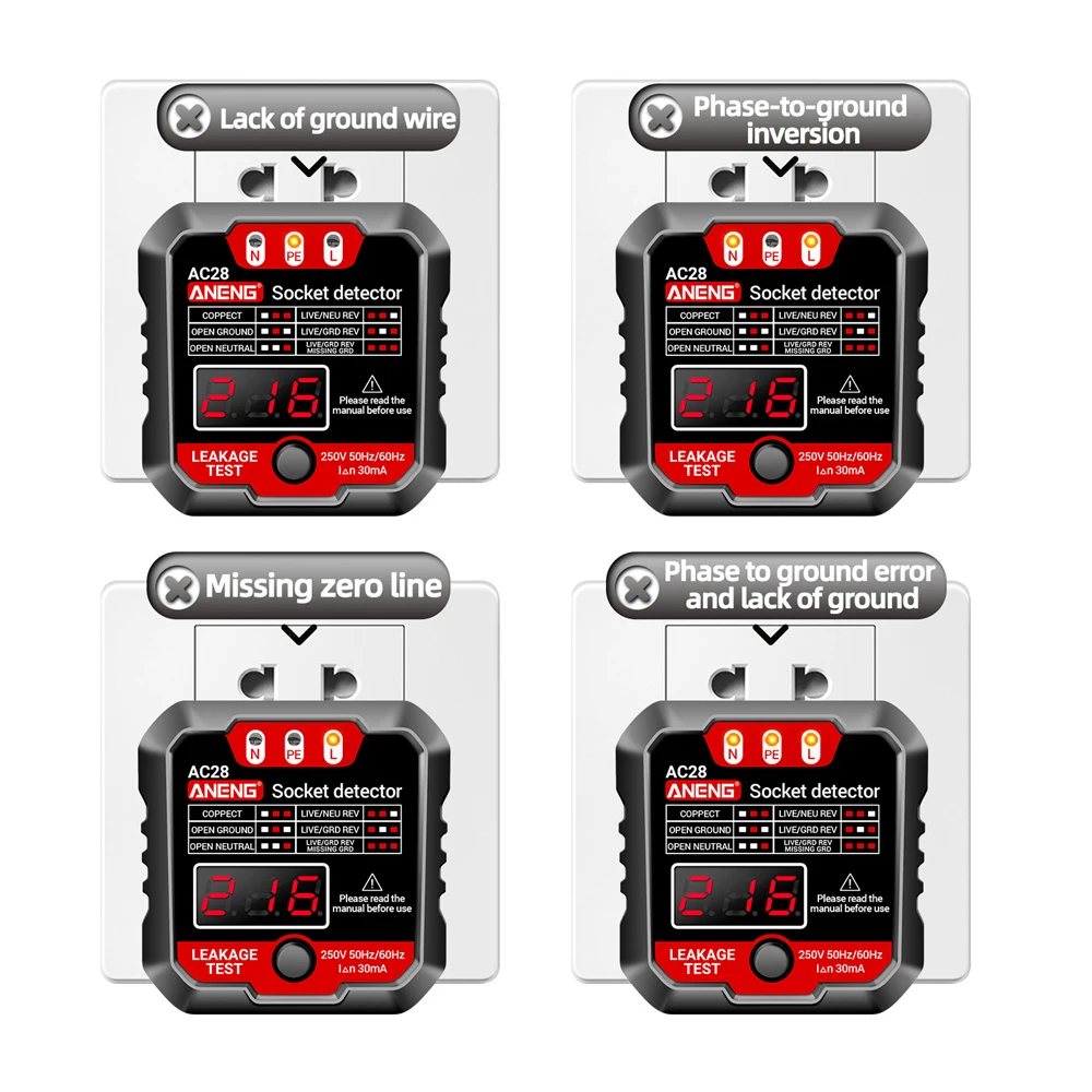 ANENG AC28 Digital Socket Power Tester 250V 50Hz/60Hz Socket Polarity Detector EU/US Plug Voltage Tester Circuit Breaker Finder 5