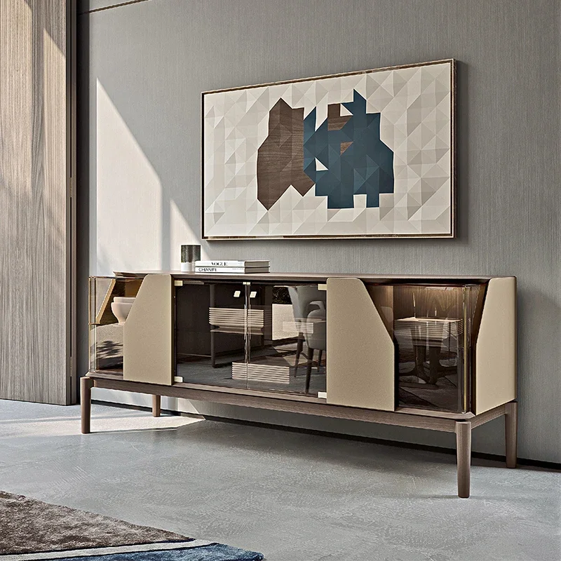 

Modern minimalist sideboard kitchen integrated against the wall stainless steel high-end Italian light luxury storage cabinet
