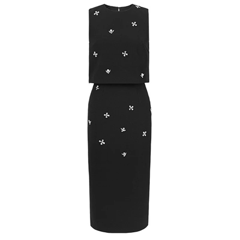 Women 2 Pieces Skirts Outfits Elegant Fashionable Simple Black Diamond Flowers Vest Tank Short Crop Tops Slit Women Skirt Sets