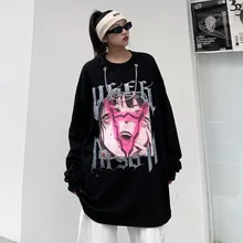 

Loose Oversize O-neck Long Sleeve Women's T-shirts 2022 Spring New Street Harajuku BF Style Gothic Punk Cartoon Print Black Top