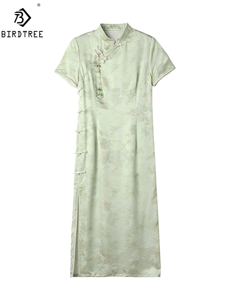 

BirdTree, 28MM 50% Real Silk Cheongsam Dress, Women Mandarin Collar Jacquard, Loose Chinese Dresses, 2024 Summer New D44977QM