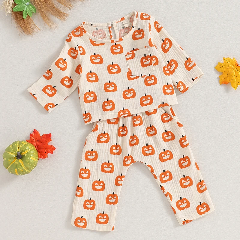 

Newborn Baby 2Pcs Clothes Sets Halloween Outfits Classic Pumpkin/Bat Print Long Sleeve Tops + Trousers Set Toddler Clothing