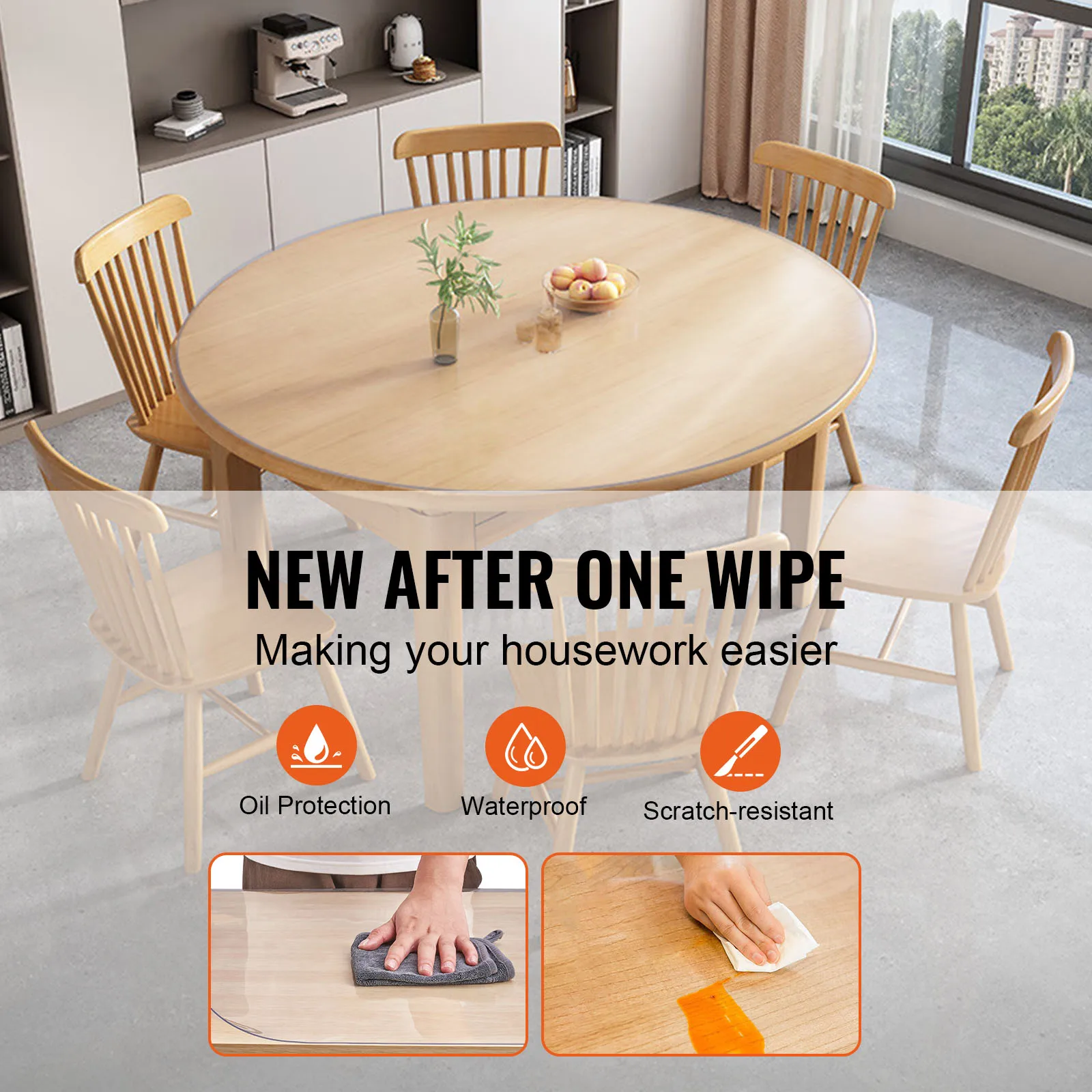 VEVOR Round PVC Tablecloth Anti-hot Table Mat Transparent Soft Glass Waterproof Oilproof Table Cloth Mat Clear Protector 1.5mm