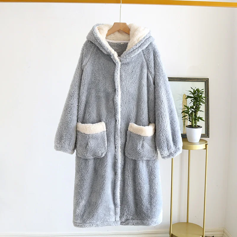 Mid-Length Flannel Bathrobe For Women Winter Solid Color Long-Sleeved Hooded Ladies Nightgown 2023 New Simple Casual Sleepwear