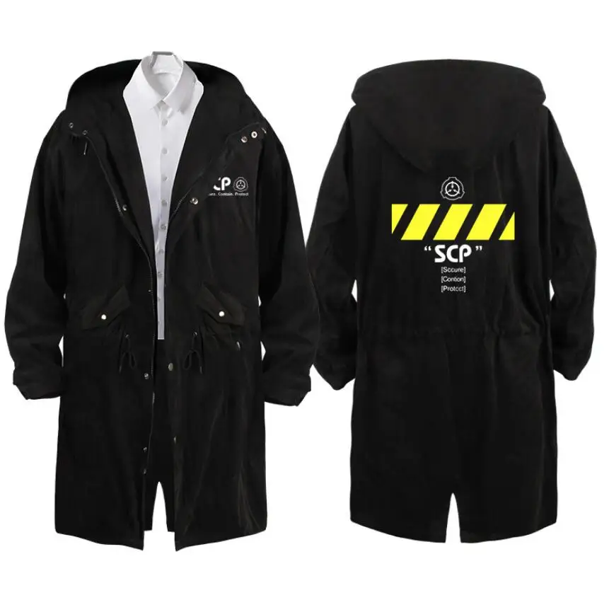 

Anime SCP Cosplay Special Containment Procedures Costume Task Force Black Cloak Team Strench Coat Hoodie Doctor Long Jacket Coat