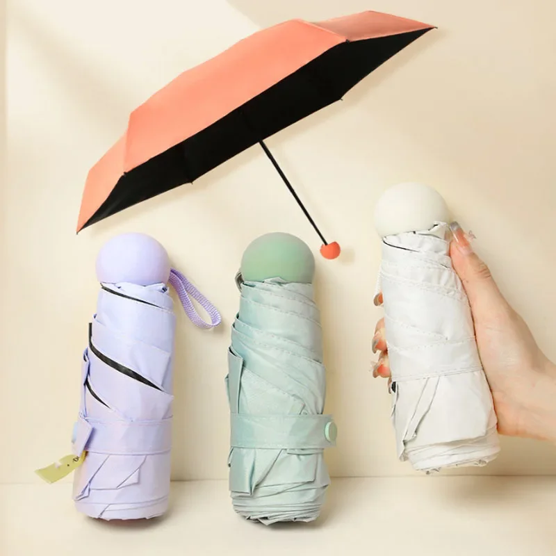 New Capsule Umbrella Portable Mini Sunshade Sunscreen Rain Umbrella Black Rubber Alloy Handle Foldable Sun Rain Dual Use Capsule