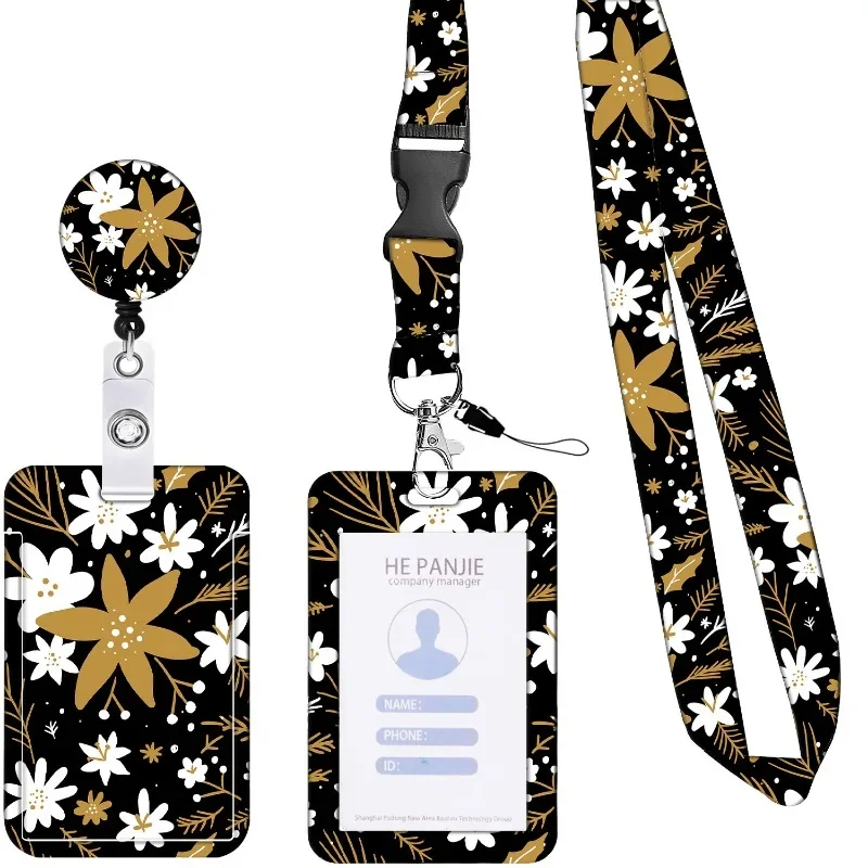 Card Holder Staff Working Cards Holder with Retractable Long Lanyard and Badge Reel Flower ID Credit Cards Holder Cover for Woman Phone Rope