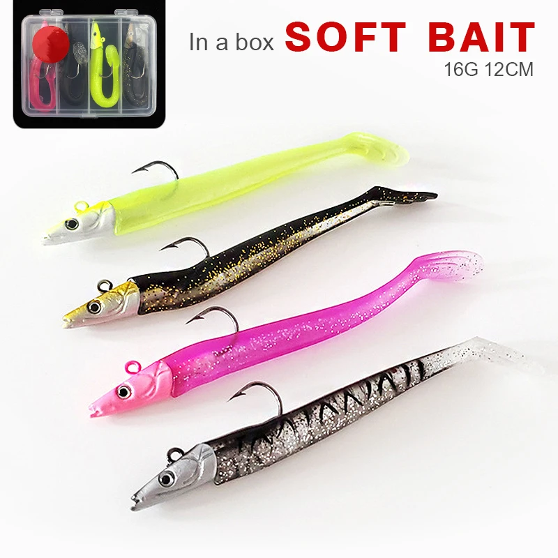 Set 4 Esche Soft Plastic Sandeel – Jighead Per Pesca In Mare: Bass, Cod, Pollock (32g)