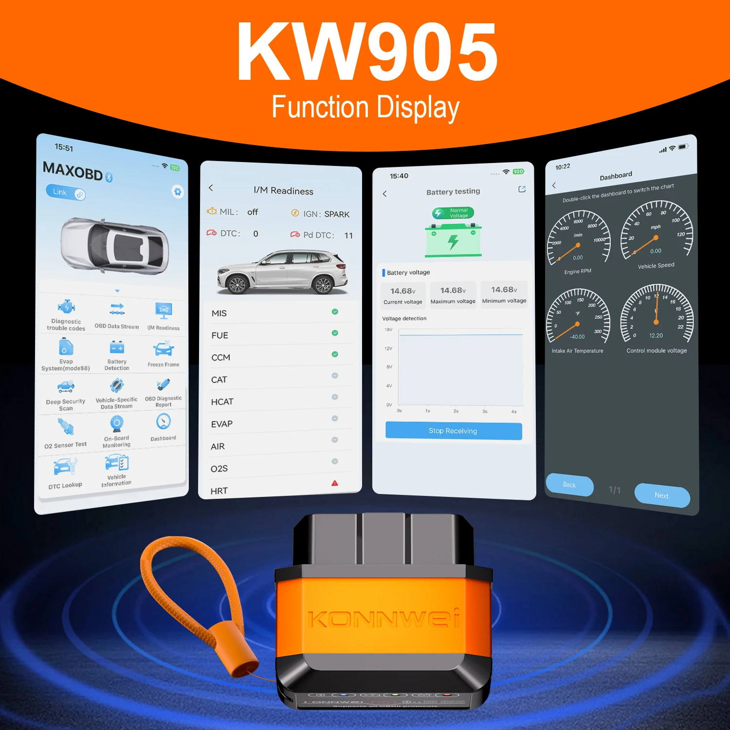 KONNWEI KW905 OBD2 ELM327 V1.5 블루투스 5.0 스캐너 안드로이드/IOS용 ELM 327 OBD 2 자동차 진단 도구 코드 리더
