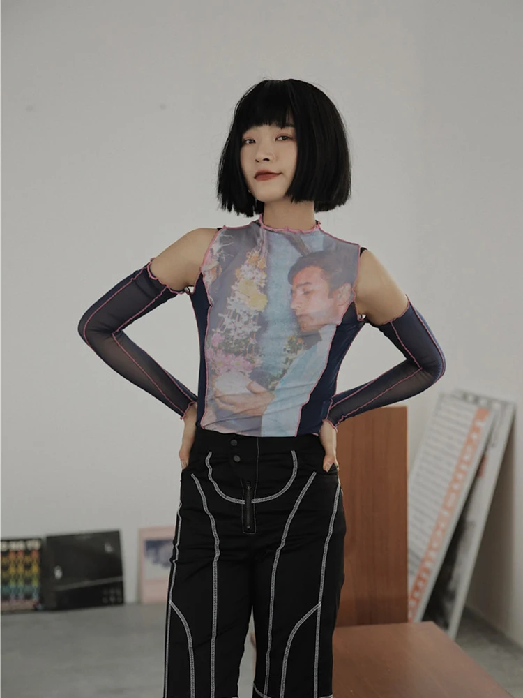 See Shoulder Tee | Shoulder Mesh Shirt | Mesh Design Long Sleeve