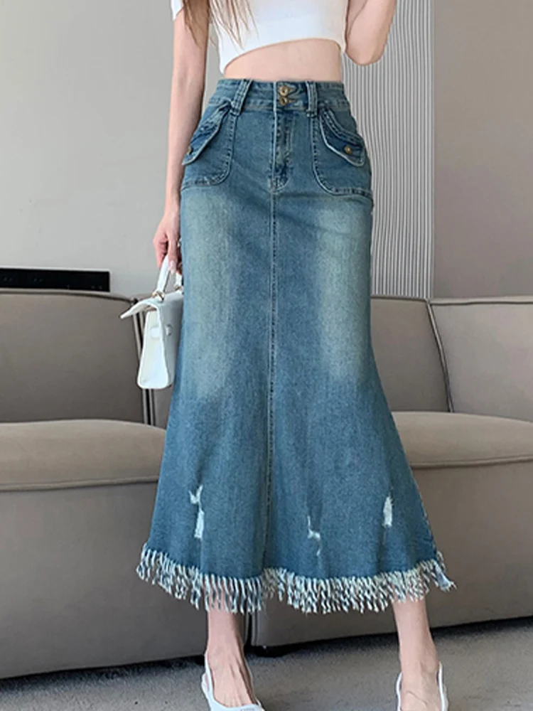 

Retro High Waisted Distressed Denim Skirt With Fur Edges And Fishtail Skirt 2024 New Fashionable Women'S Clothing