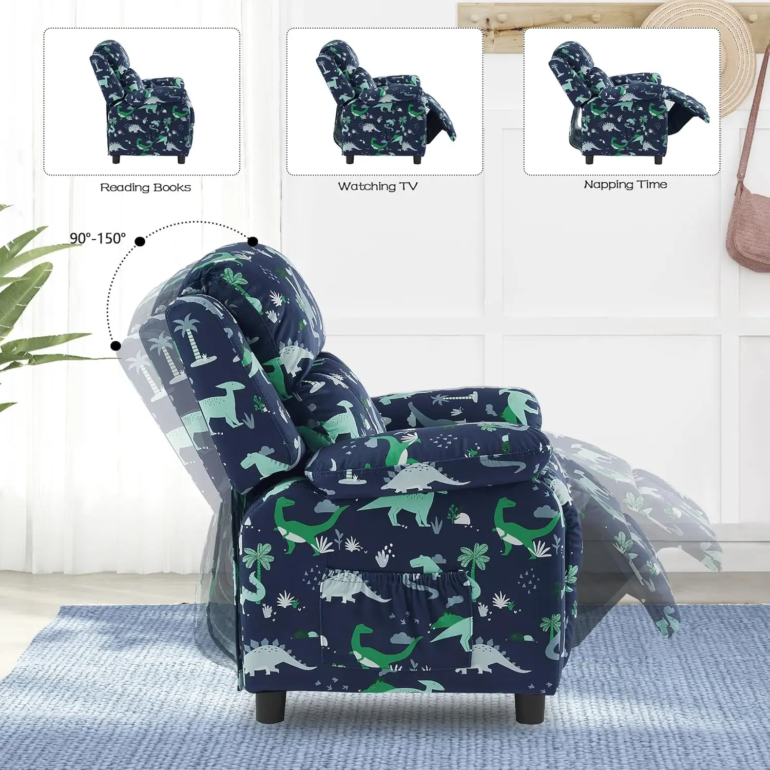 furniture Dutch Velvet Kids Recliner Chair, Toddler Armrest Sofa Couch, Ergonomic Adjustable Lounge Sofa with Footrest, Padded B