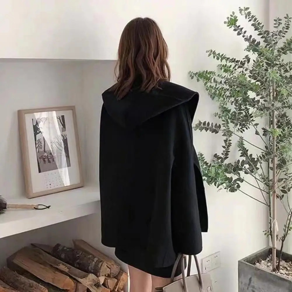 

Women Jacket Stylish Mid Length Hooded Women's Overcoat with Warm Thickened Fabric Open Stitch Pockets for Fall Winter Solid