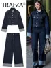 TRAFZA Women Vintage Denim Jacket Pant Sets Single Breasted Lapel Long Sleeve Coat Wide Leg Trousers Jeans High Street Outfits 1