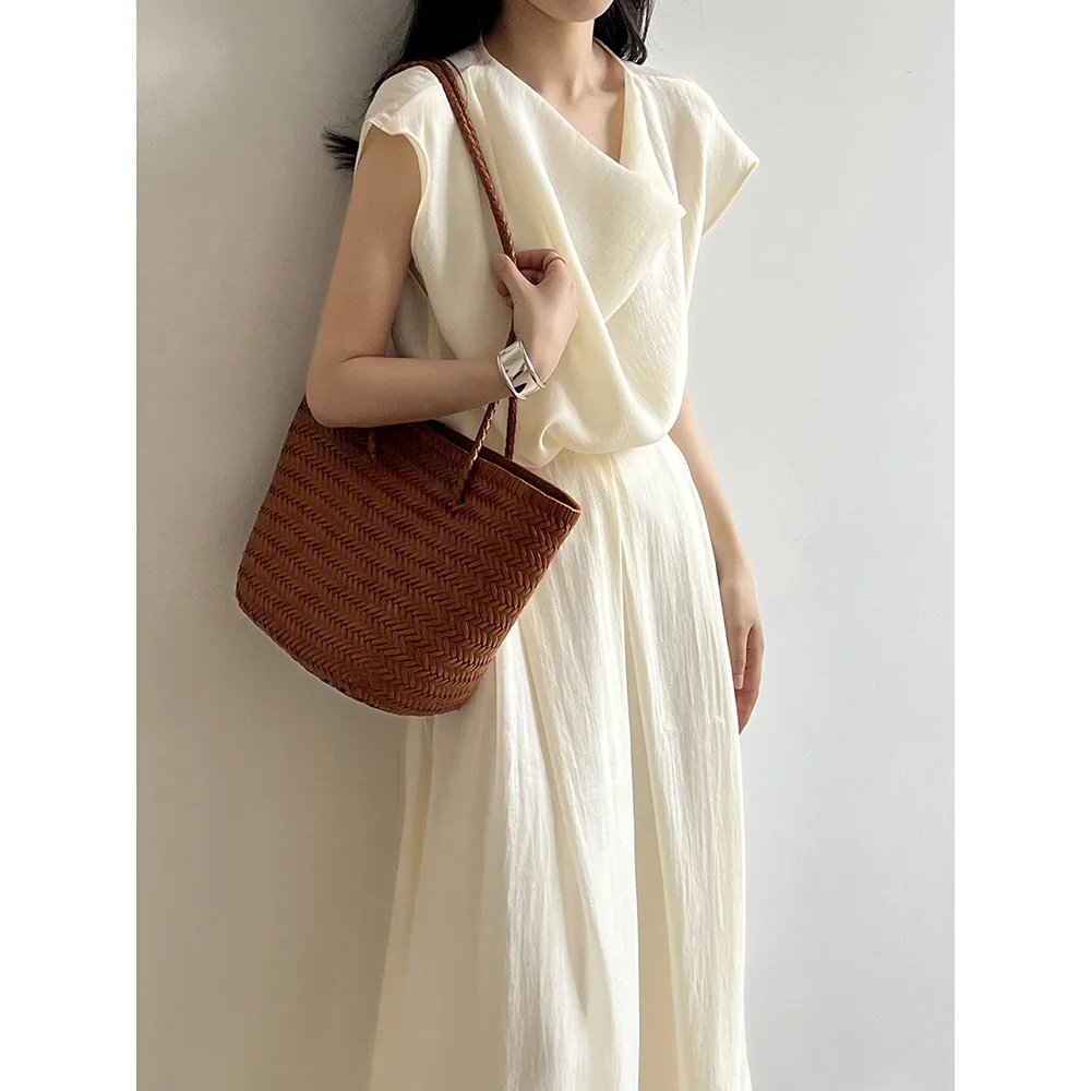Women Clothing Set Gentle Style 2024 Summer New Fashionable Sleeveless Shirt and Elastic Waist Skirt Solid Color Two Piece Set