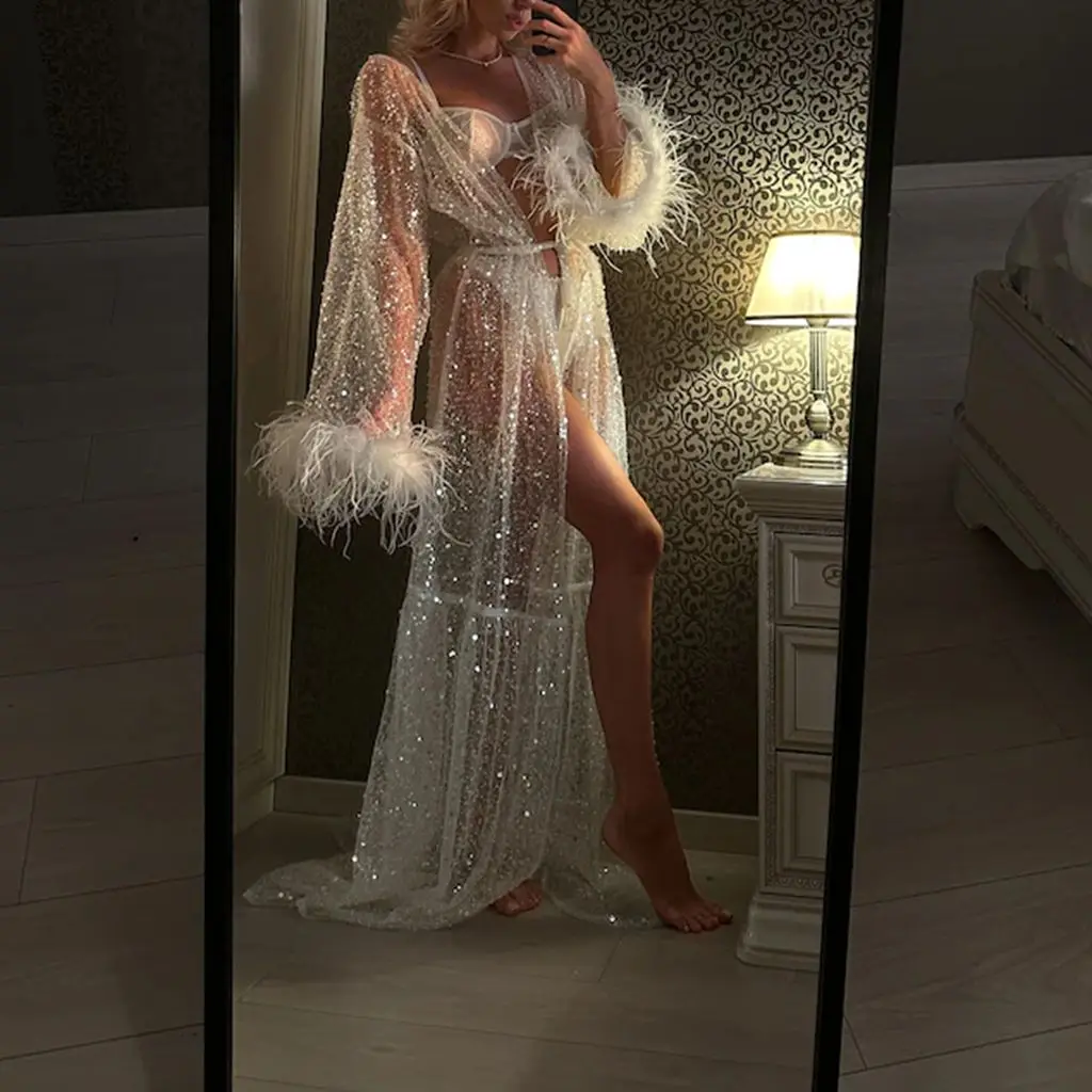 HEZIOWYUN Women's Summer Sheer Lace Nightgown Flare Long Sleeve Plush Cuff See Through Sequins Nightdress Maxi Robes with Belt