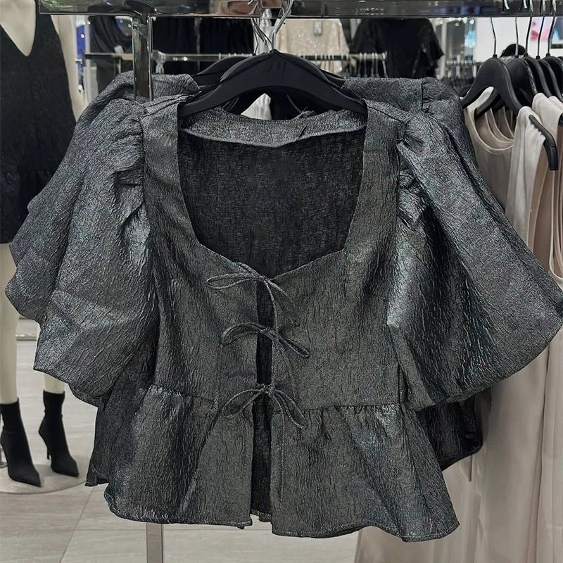 Elegant Square Collar Crop Blouses Women Lace Up Puff Short Sleeve Shirts 2025 Spring Summer Lady All-match Hollow Out Tops New
