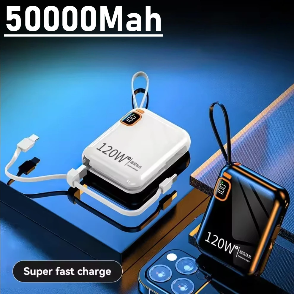 120W Mini Power Bank 50000mAh Battery USB To TYPE C Cable Detachable Two-way Fast Charger Portable Power Bank for Iphone Samsung