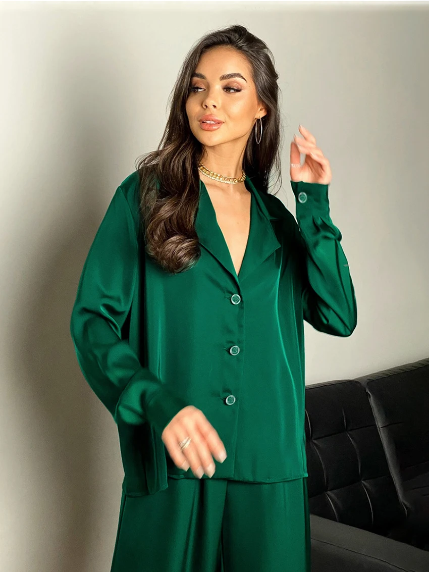 Marthaqiqi Casual Women Nightgowns 2 Piece Set Sexy Turn-Down Collar Pajamas Long Sleeve Sleepwear Pants Ladies Nightwear Suits