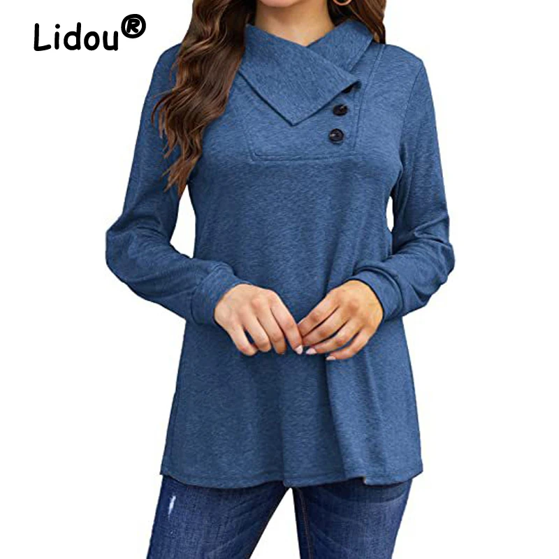 

Women Clothing 2023 Autumn Winter Trendy Casual Streetwear Buttons Elegant T Shirt Female Solid Long Sleeve Loose Pullover Tops