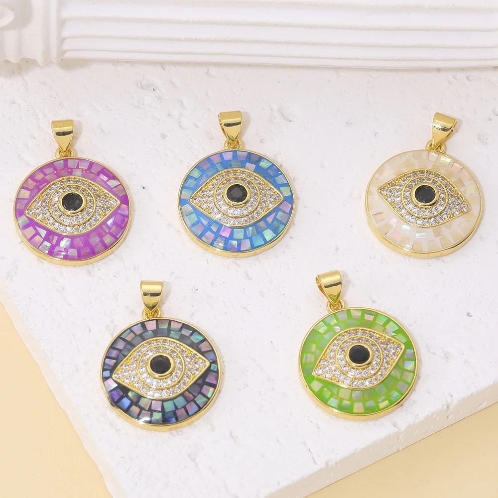 Juya 18K 리얼 골드 도금 수제 큐빅 지르콘 다채로운 오팔 쉘 DIY 펜던트 쥬얼리 만들기위한 터키어 그리스 악마의 눈 매력