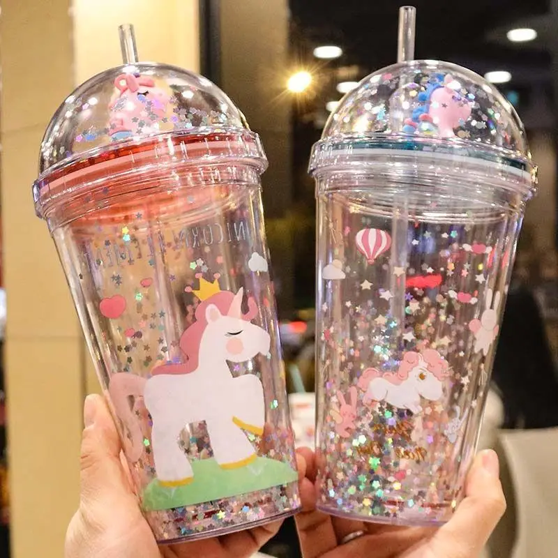 400ml/550ml Useful Water Bottle Plastic Straw Bottle Detachable Flip Top  Lid Beautiful Unicorn Sipper Bottle - AliExpress