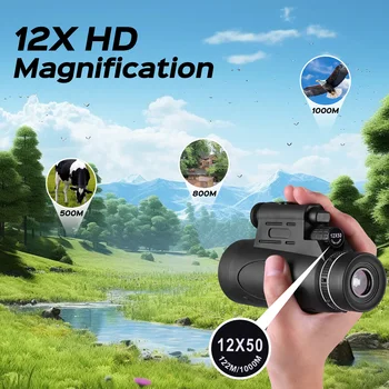 12x50 High Power Monocular Telescope with Tripod, Light & Smartphone Adapter, BAK4 Prism for Bird Watching, Hunting, Camping 2