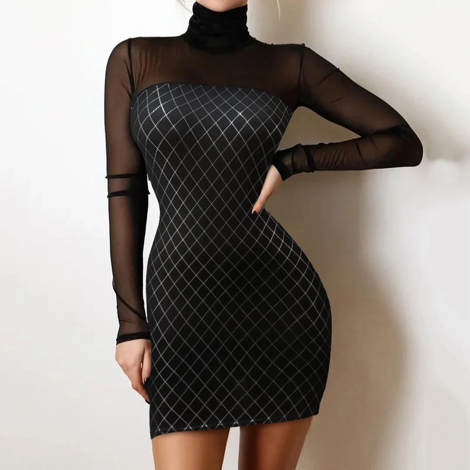 patchwork mesh dress women striped printed long sleeve Turtleneck bodycon  mini dress female evening Cocktail party dress vestios - AliExpress