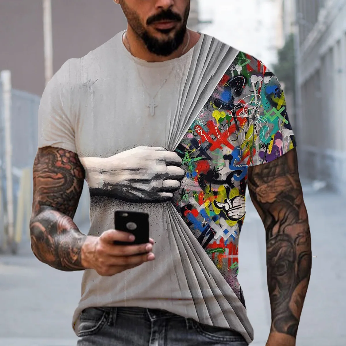 

Summer New Fashion Men's Short-Sleeved T-Shirt Creative Fun Graffiti Series 3D Digital Printing Casual Loose Round Neck Tops