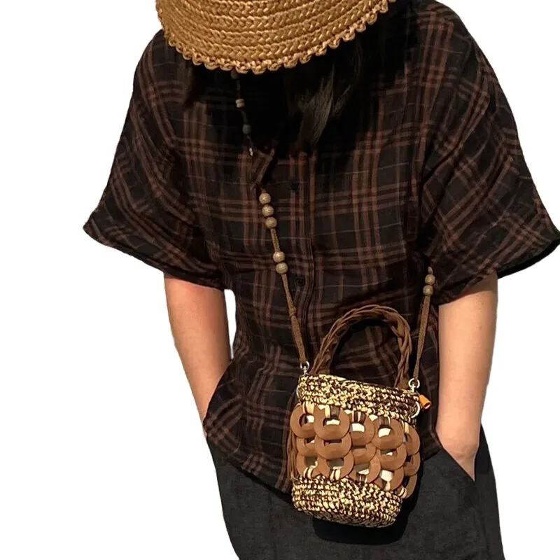 Luxury Patchwork Straw Bag Bohemian Woven Bucket Bags for Women Handbags Handmade Crochet Beach Bag Small Basket Shoulder Bags