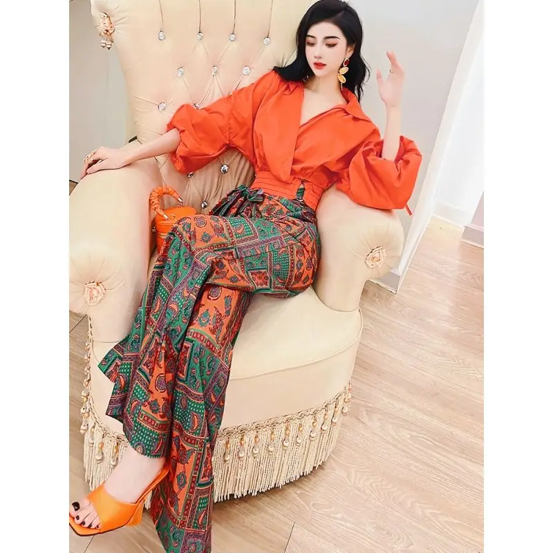 High-end Fashion Holiday Suit 2023 Spring New Women's Puff Sleeve Top High Waist Wide Leg Pants Explosive Trend spring and summer new explosive trend beach men s new casual color contrast polo zipper lapel shirt casual short sleeve suit