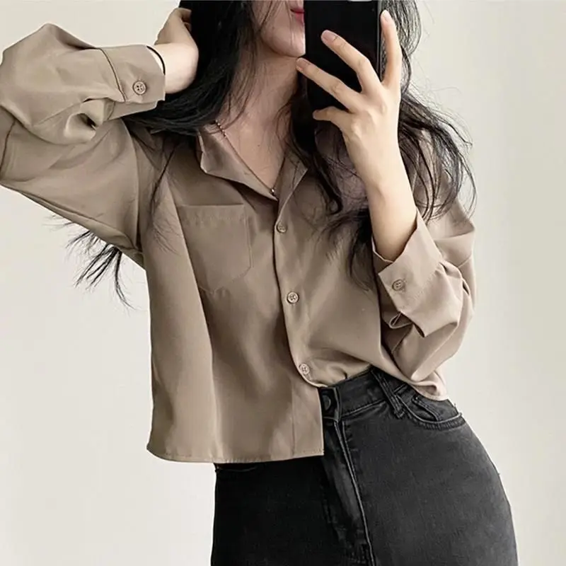 Simple Single Breasted Loose Solid Long Sleeved Shirt And Blouse OL Trend Short Top Simple Elegant New In Clothes Casual Fashion