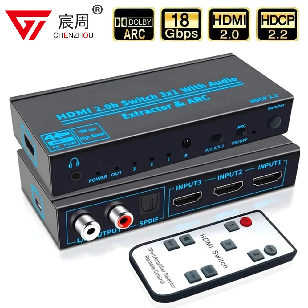 Адаптер для аудио ARC Toslink SPDIF, 3 порта, 2,0 дюйма, 4K @ 60 Гц