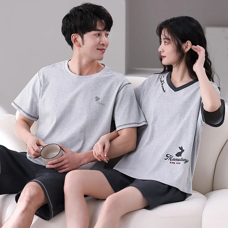 Summer 100% Cotton Couple Printed Men's Pyjamas Short Pajamas Set Casual Women Sleepwear Pyjamas Night Pijamas 3XL Homewear