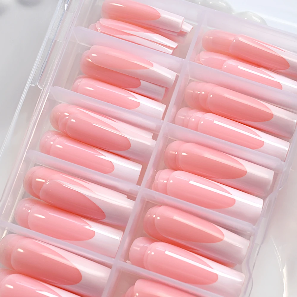 120/240 Stück glänzende rosa französische Nägel zum Aufdrücken, 12 Größen, lange, quadratische künstliche Nägel, weißes Randdesign, vollständige Abdeckung, elegante falsche Fingerspitze – Detail 6