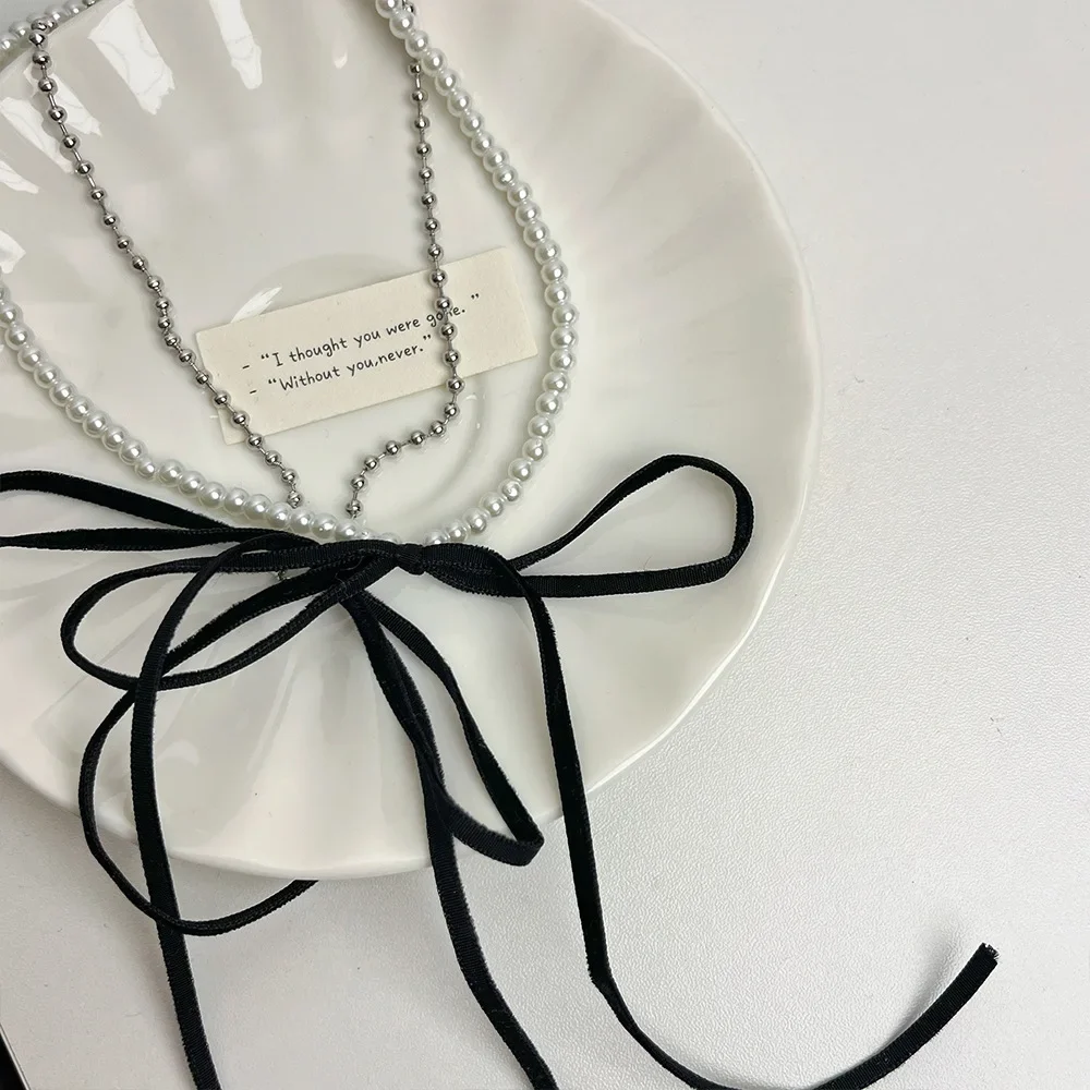 Y2k Korean bow women's necklace imitation pearl double layer fashion luxury wedding banquet clavicle chain For women Jewelry