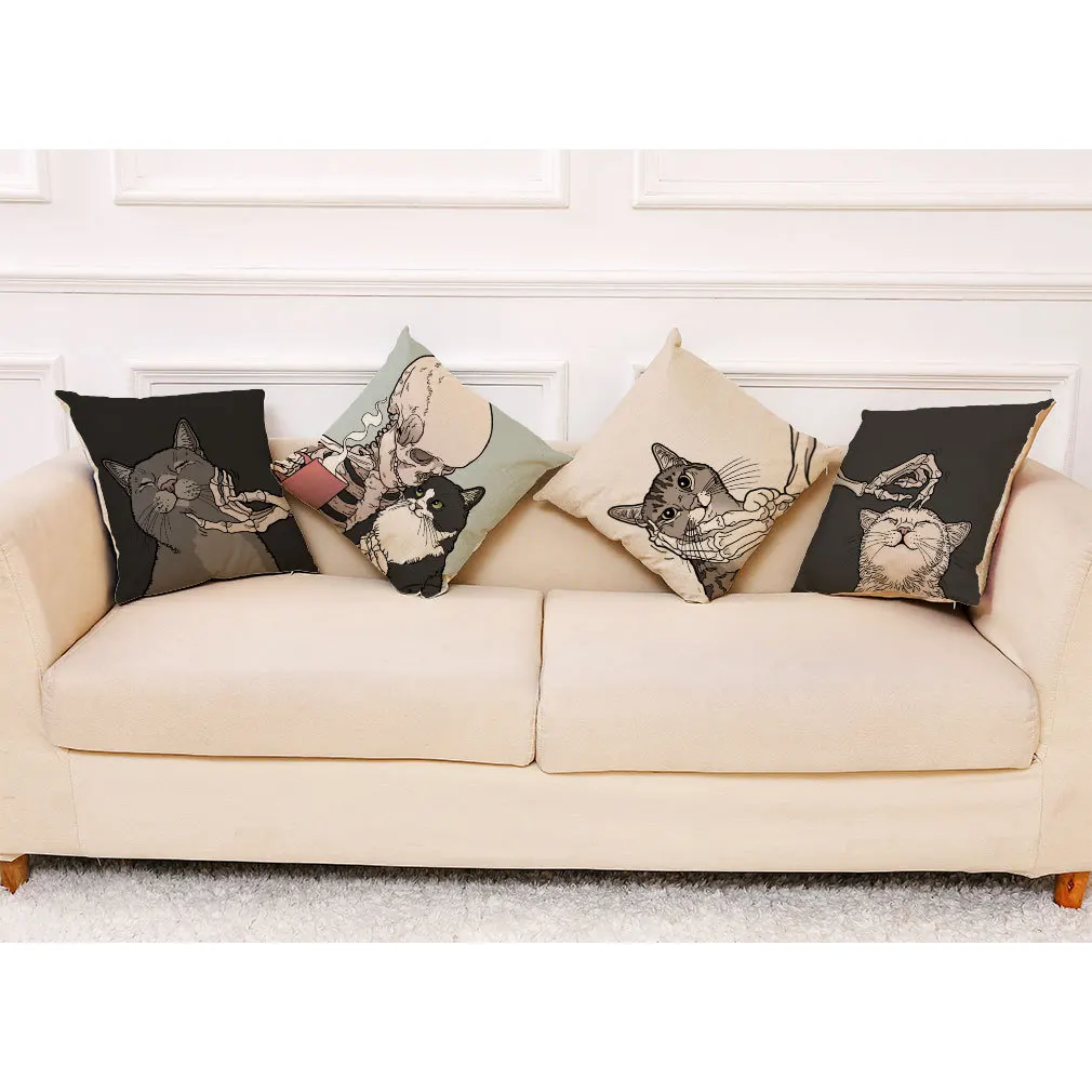 

Funny Skeletons and Cats Linen Pillowcase Cute Skull Cat Throw Pillow Case for Girl Room Bed Sofa Boy Kid Gift Room Pillow Cover