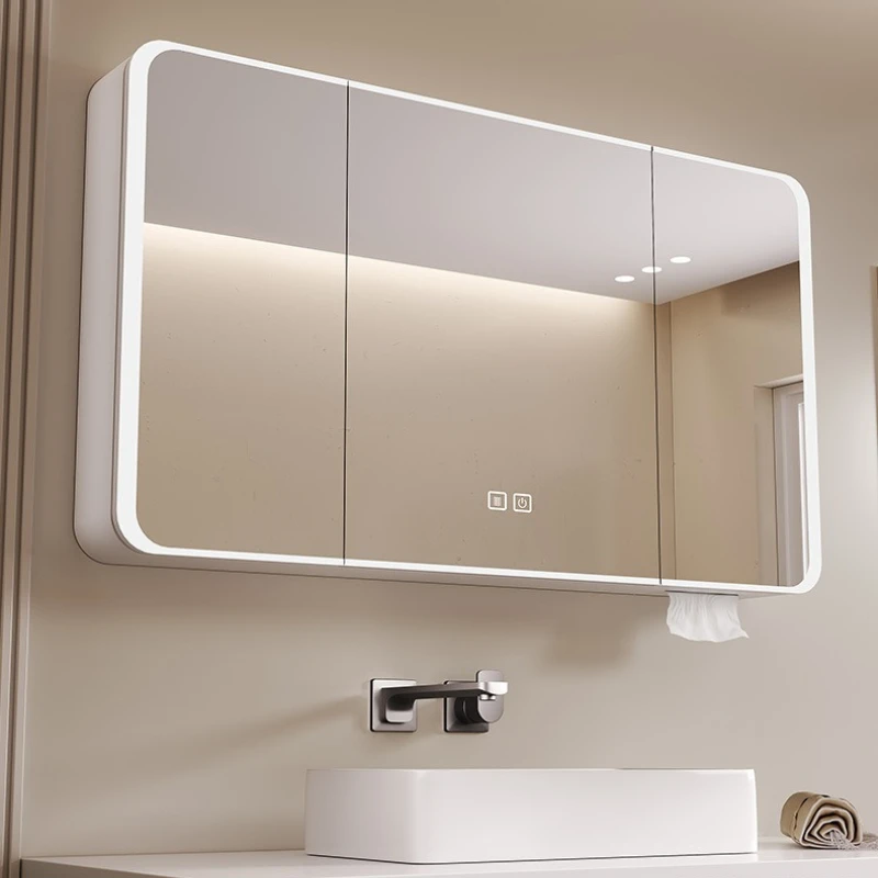 ตู้กระจกห้องน้ำอะลูมิเนียมทรงโค้ง, กระจกอัจฉริยะติดผนังห้องน้ำแบบแยกส่วนพร้อมตู้เก็บของมีไฟ 1