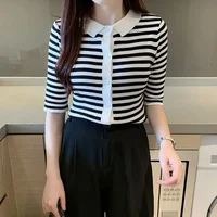 Button T-shirt Woman Short Sleeve Tee Grey Tops Black Polo Neck Shirts For Women Clothing Offer Elegant Hot Trend Aesthetic V - Image 4